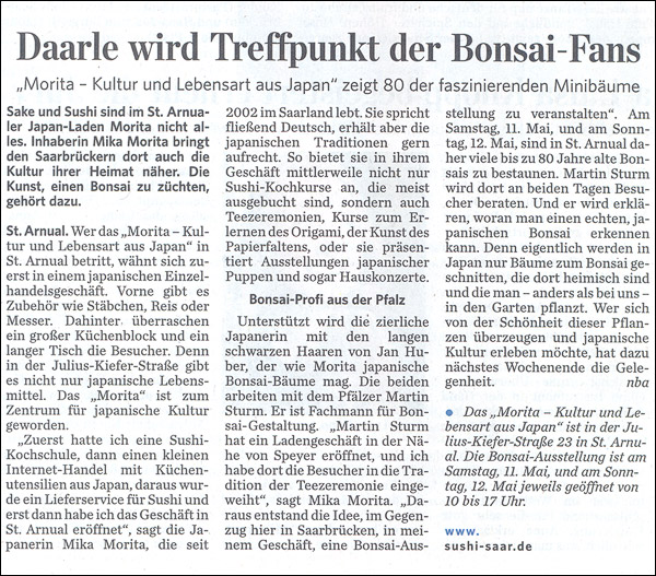 Artikel in der Saarbrücker Zeitung vom 06. Mai 2013 sz bonsai ausstellung mai 2013 small